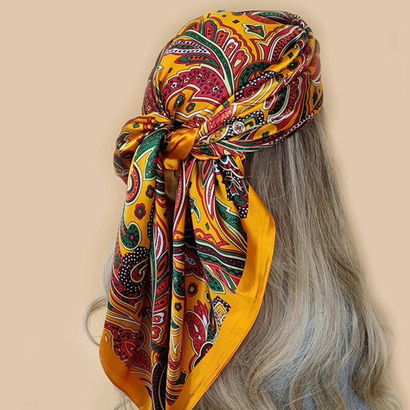 90x90cm Silk Scarf | 2025 Trendy Beach Sunscreen Shawl | Europe & America Style Printed Bandanna for Women - Smooth Wigs