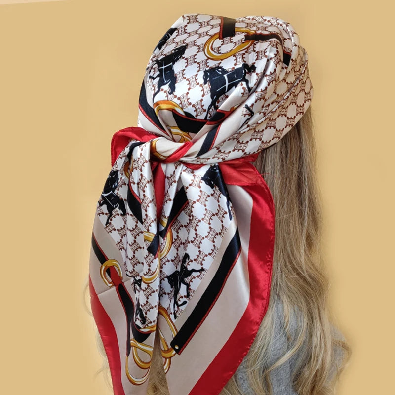 90x90cm Silk Scarf | 2025 Trendy Beach Sunscreen Shawl | Europe & America Style Printed Bandanna for Women - Smooth Wigs
