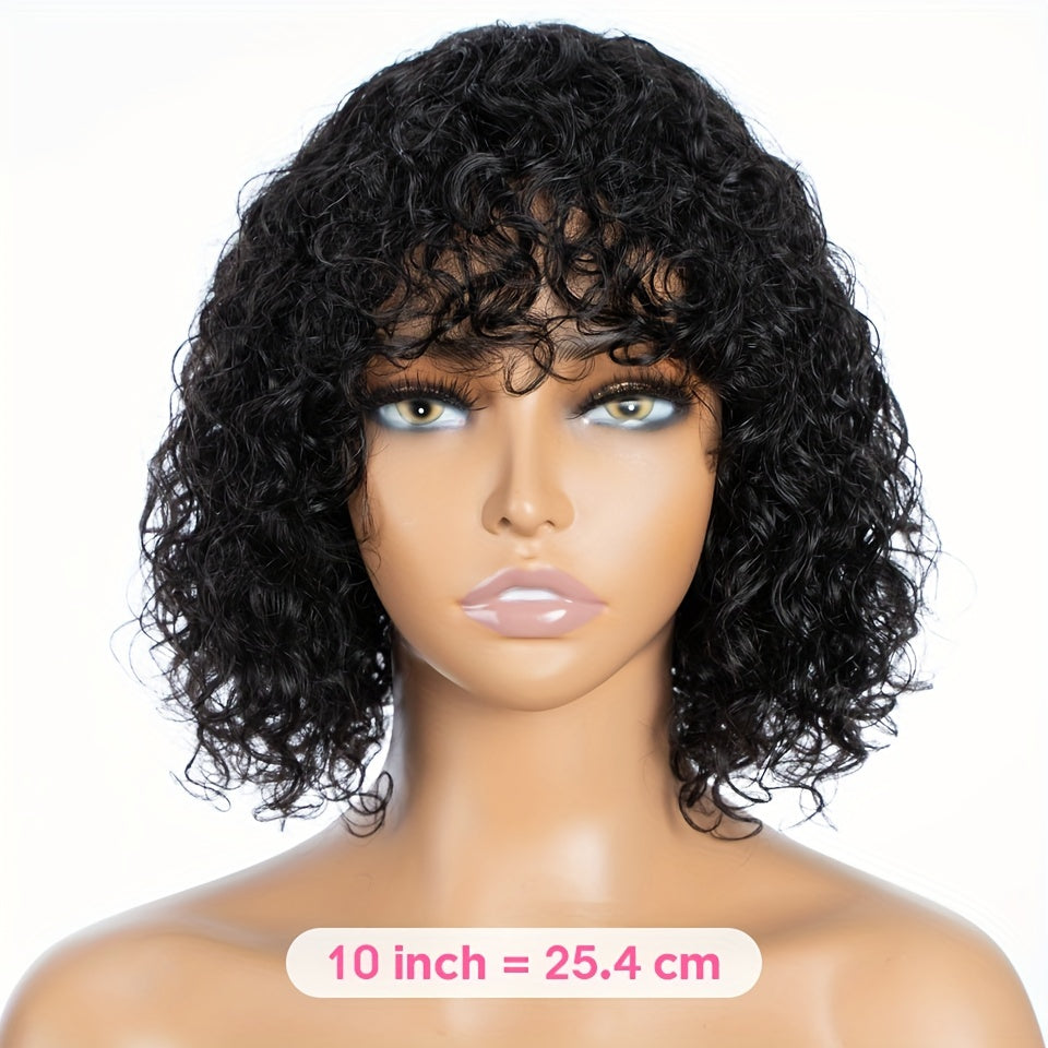 Natural Look 10inch Curly Human Hair Wig - Shoulder Length Wig With Bangs For Women - 180 Density