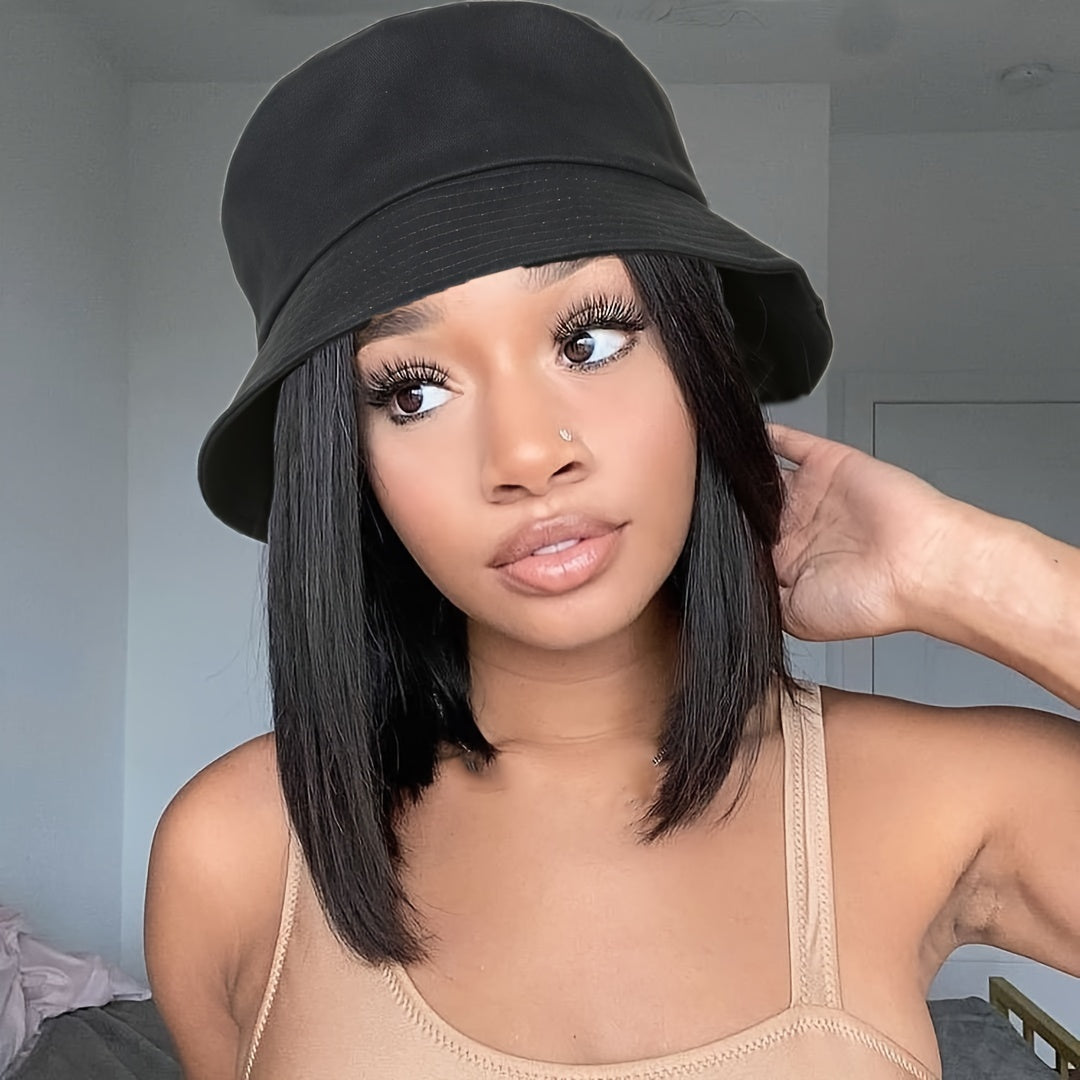 Short Straight Bob Hat Wig For Women Human Hair Bucket Hat Wig With Hair Extensions Attached For Women Girl Daily Wear Natural Black BY SMOOTHWIGS