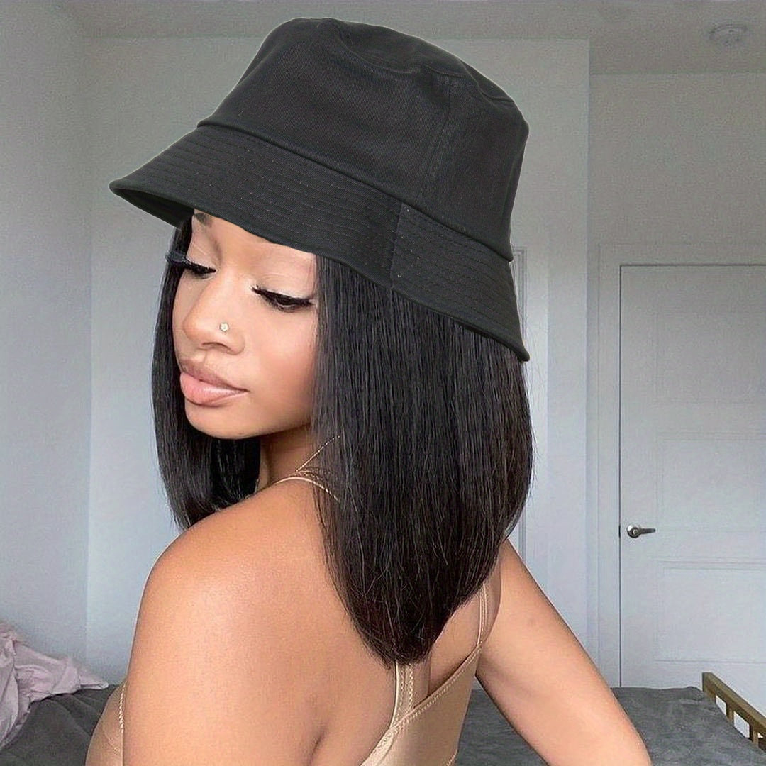 Short Straight Bob Hat Wig For Women Human Hair Bucket Hat Wig With Hair Extensions Attached For Women Girl Daily Wear Natural Black BY SMOOTHWIGS