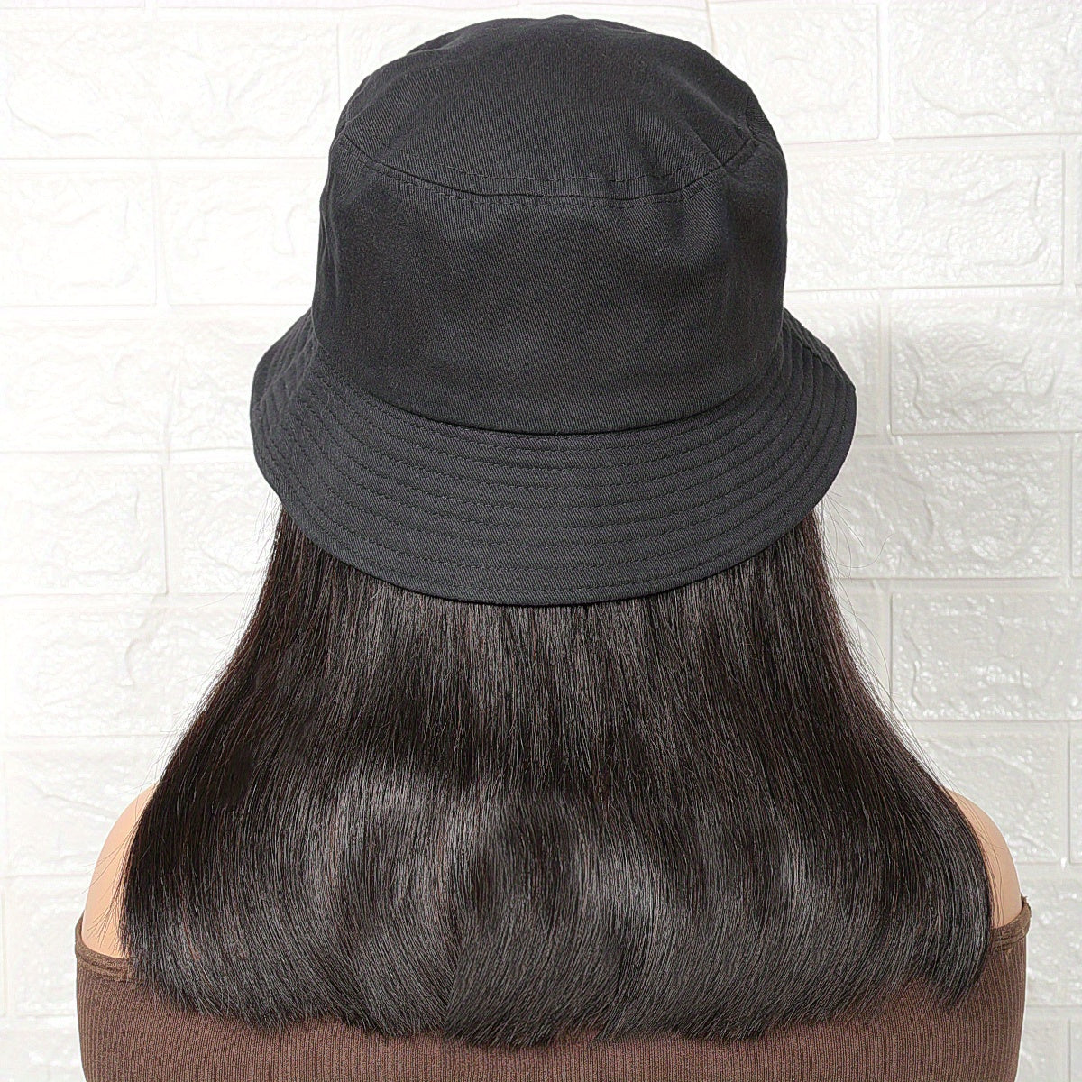 Short Straight Bob Hat Wig For Women Human Hair Bucket Hat Wig With Hair Extensions Attached For Women Girl Daily Wear Natural Black BY SMOOTHWIGS