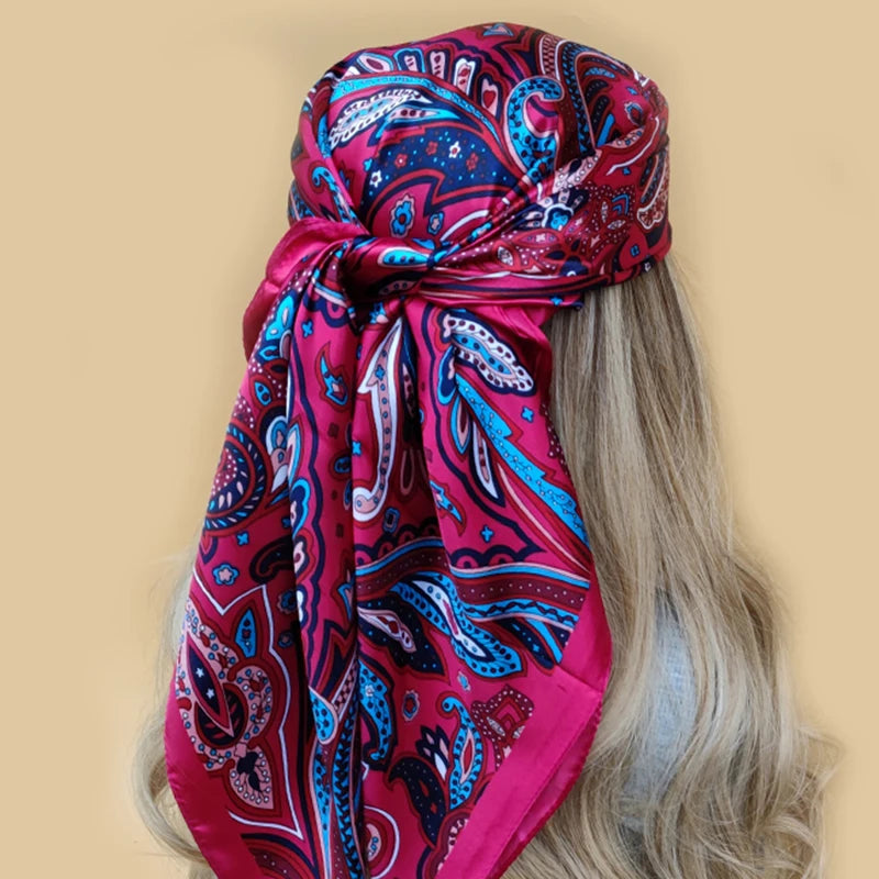 90x90cm Silk Scarf | 2025 Trendy Beach Sunscreen Shawl | Europe & America Style Printed Bandanna for Women - Smooth Wigs