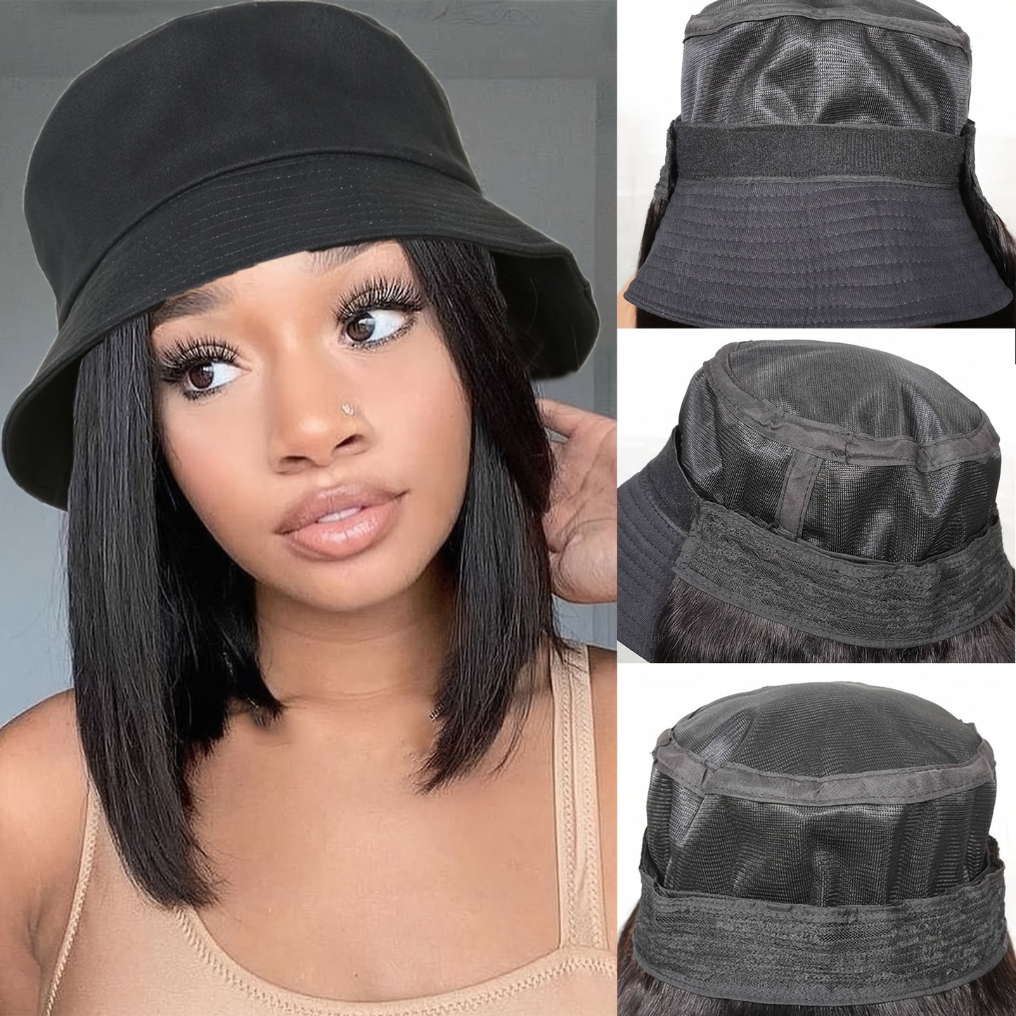 Short Straight Bob Hat Wig For Women Human Hair Bucket Hat Wig With Hair Extensions Attached For Women Girl Daily Wear Natural Black BY SMOOTHWIGS