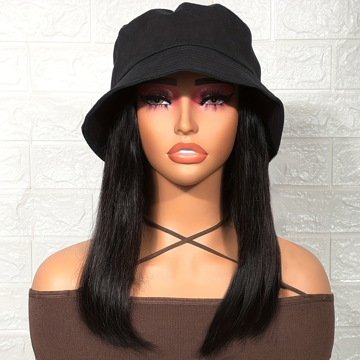 Short Straight Bob Hat Wig For Women Human Hair Bucket Hat Wig With Hair Extensions Attached For Women Girl Daily Wear Natural Black BY SMOOTHWIGS
