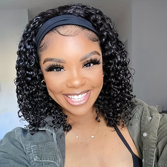 Headband Wigs 14 Inch Kinky Curly Headband Wigs For Women Synthetic Half Wig With Headband Attached No Lace Natural Black Curly Headband Wigs For Cosplay Party Daily Use