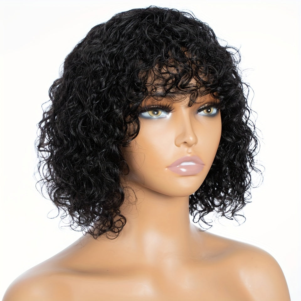 Natural Look 10inch Curly Human Hair Wig - Shoulder Length Wig With Bangs For Women - 180 Density