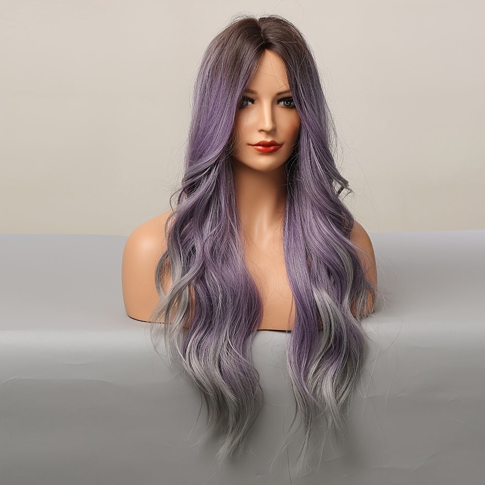Luminous Butterfly Cut Ombre Purple Wig - Womens Long, Natural Wavy Synthetic Hair with Heat Resistant Fiber, Dark Brown Roots, and Flattering 26 Inch Middle Part