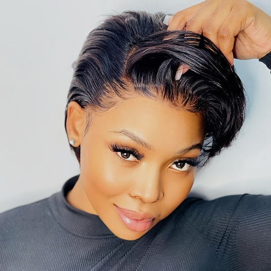 150% Density Water Curly Pixie Bob - T Part Lace Front Human Hair Wig - 13x4x1 Remy Body Wave Style for Womens Glamorous Transformation