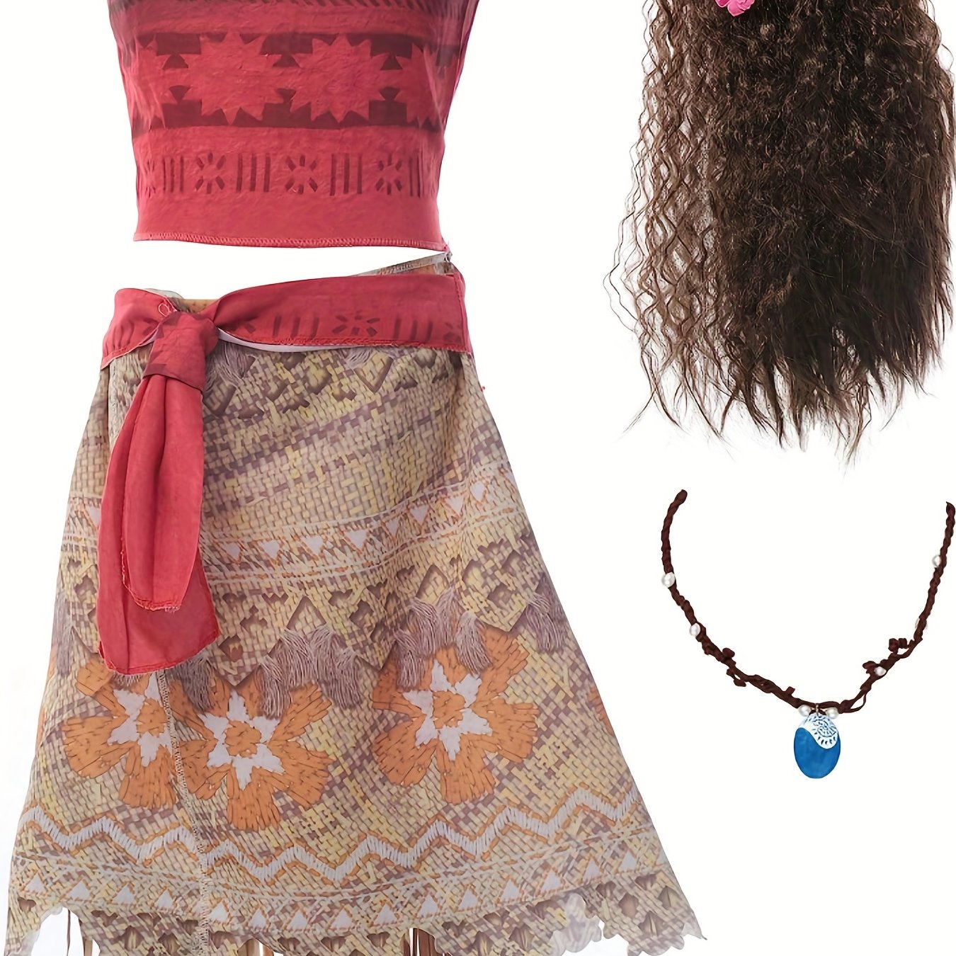 5PCS Glamorous Boho Hawaii Princess Costume Set - Flattering Top, Flowy Skirt, Belt, Wig & Necklace for Parties, Gifts & Performances