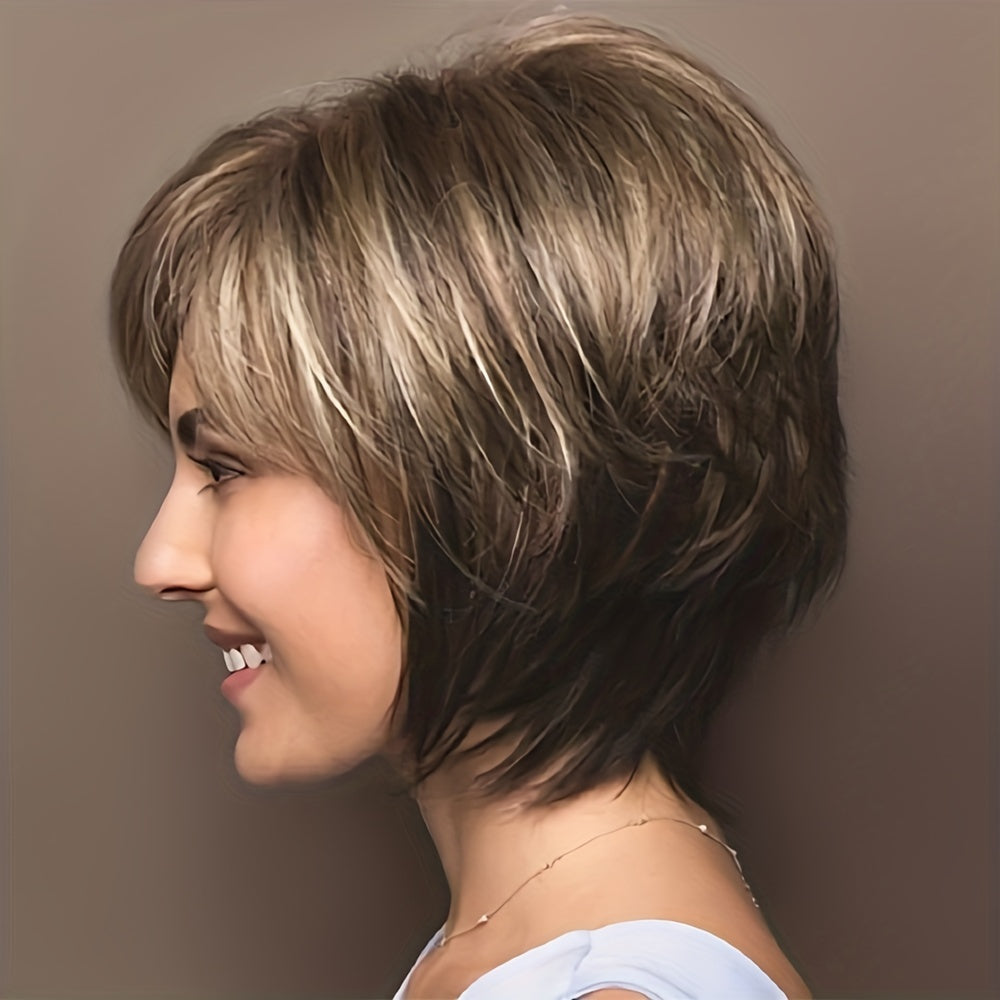 Stylish Highlight Brown Pixie Cut Wig with Bangs - Perfect for Women and Girls - Short Straight Synthetic Non-Lace Wig