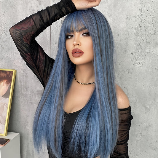 Long Ash Blue Straight Heat Resistant Wig with Bangs - Natural Looking Synthetic Hair for Bachelorette Party, Cosplay, Music Festival and Fantasy Themed Events - Versatile and Easy to Style Wig for Women