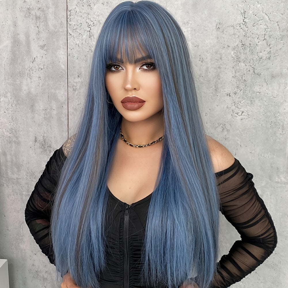 Long Ash Blue Straight Heat Resistant Wig with Bangs - Natural Looking Synthetic Hair for Bachelorette Party, Cosplay, Music Festival and Fantasy Themed Events - Versatile and Easy to Style Wig for Women