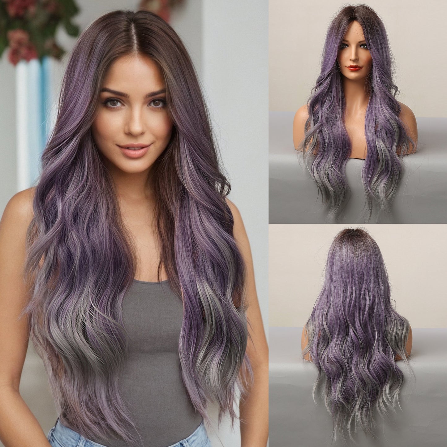 Luminous Butterfly Cut Ombre Purple Wig - Womens Long, Natural Wavy Synthetic Hair with Heat Resistant Fiber, Dark Brown Roots, and Flattering 26 Inch Middle Part