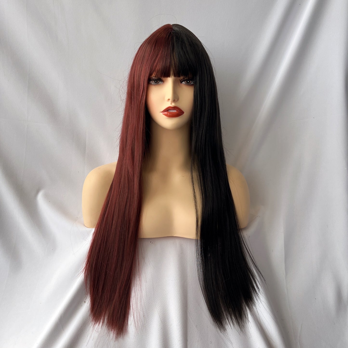 Costume Wigs Two Tone Long Straight Synthetic Wig With Bangs Anime Cosplay Wig For Halloween Cosplay Party Gemini Hair Wig