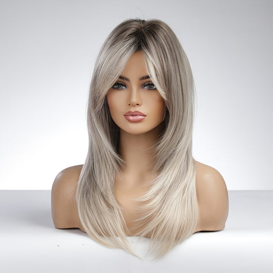 Heat Resistant Long Straight Gray Ombre Wig - Elegant Women's Layered Synthetic Wig with Rose Net Cap for Daily Use & Cosplay