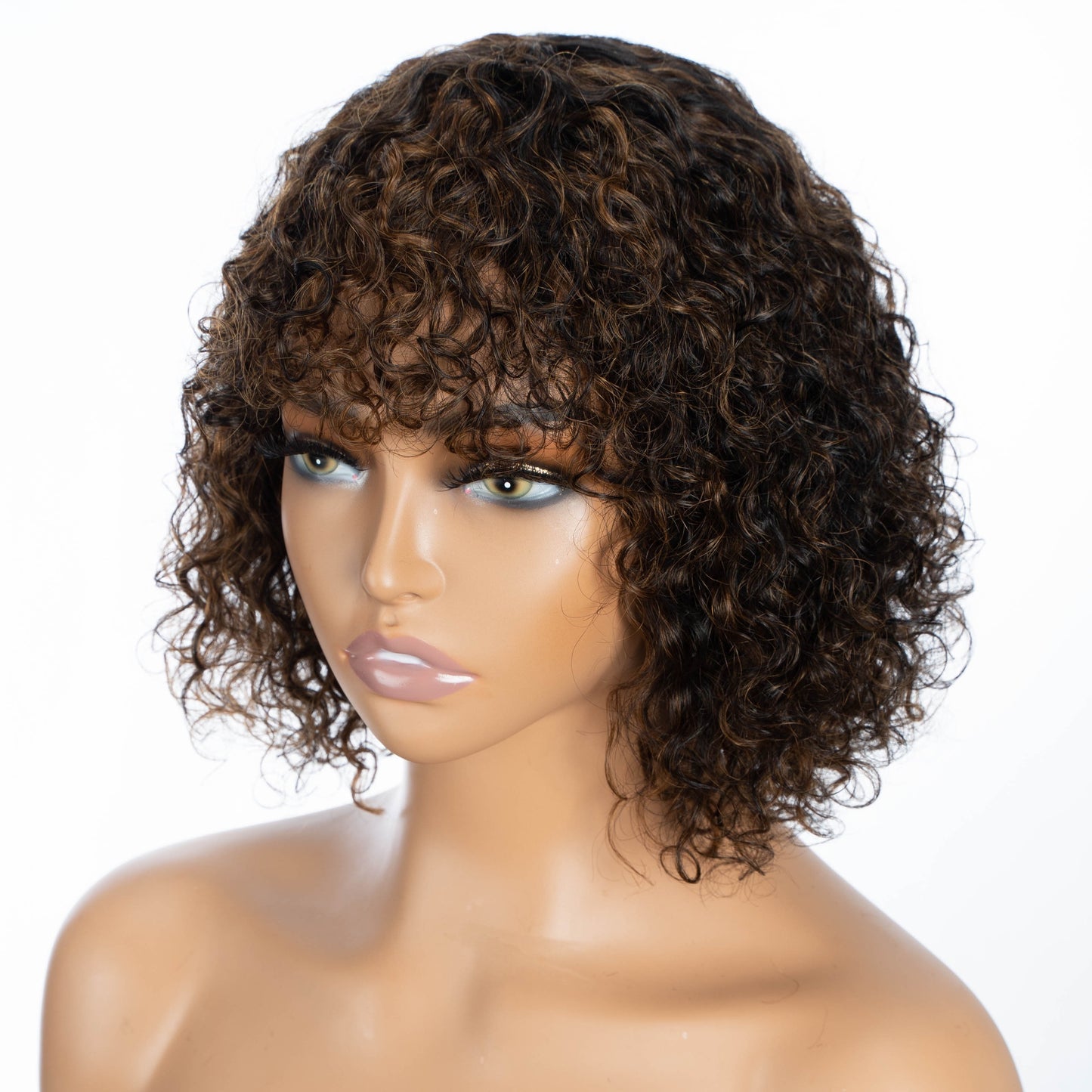 Natural Look 10inch Curly Human Hair Wig - Shoulder Length Wig With Bangs For Women - 180 Density