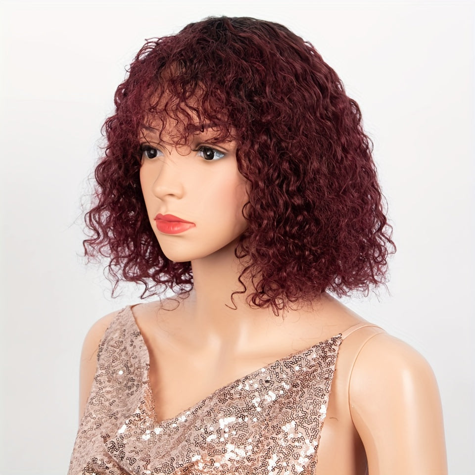 Natural Look 10inch Curly Human Hair Wig - Shoulder Length Wig With Bangs For Women - 180 Density