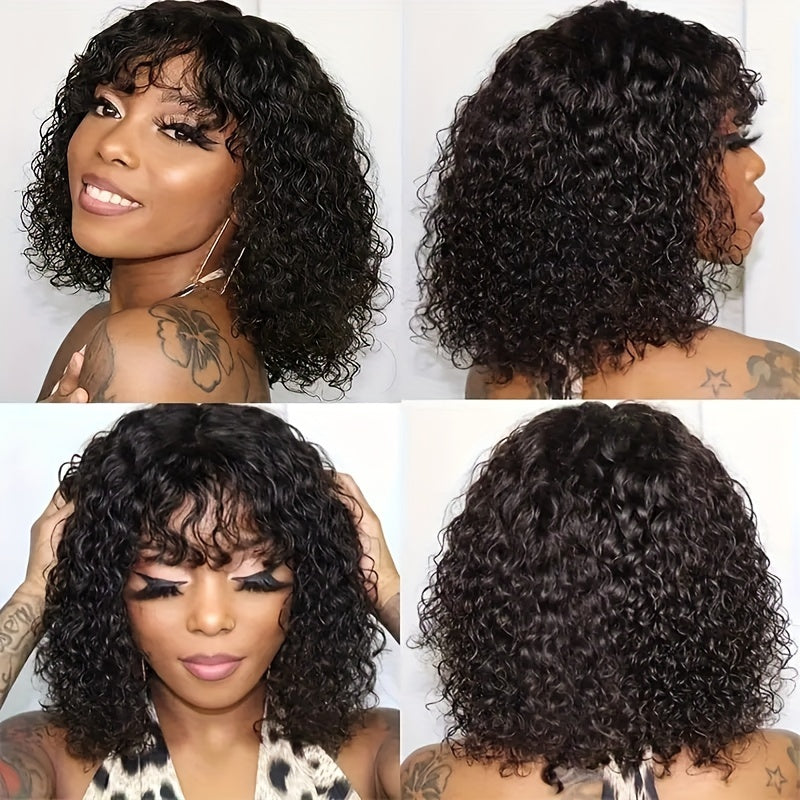 Natural Look 10inch Curly Human Hair Wig - Shoulder Length Wig With Bangs For Women - 180 Density