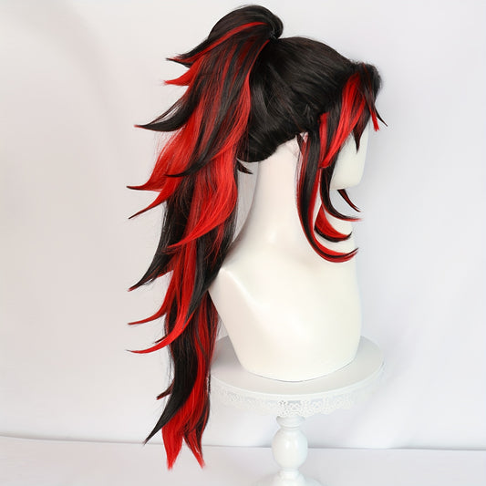 Long 2 Tone Black Red Ponytail Wig With Bangs Removable Clip On Ponytails Wig Anime Cosplay Wig Perfect For School Halloween Thanksgiving Day Christmas Costume Parties & 1pc Wig Cap Music Festival