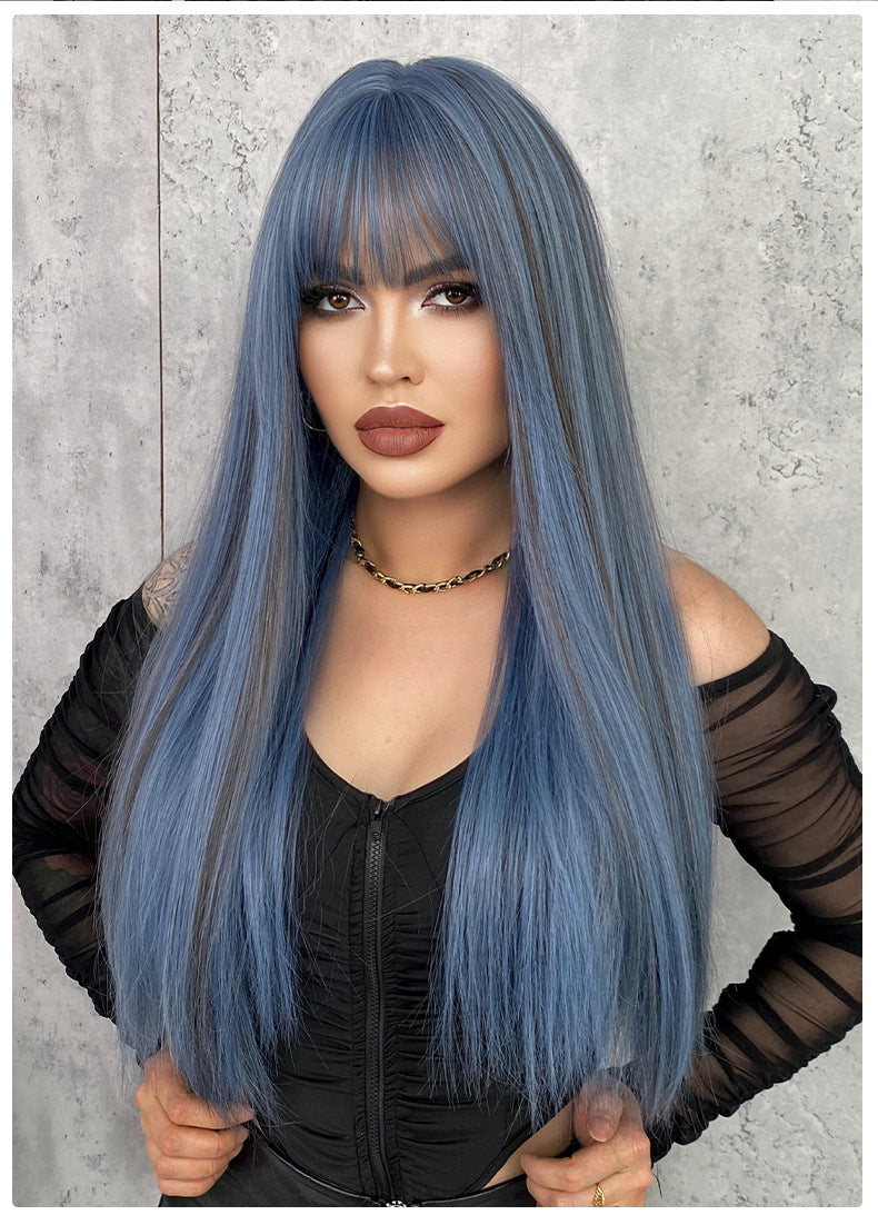 Long Ash Blue Straight Heat Resistant Wig with Bangs - Natural Looking Synthetic Hair for Bachelorette Party, Cosplay, Music Festival and Fantasy Themed Events - Versatile and Easy to Style Wig for Women
