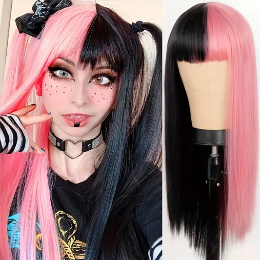 Costume Wigs Two Tone Long Straight Synthetic Wig With Bangs Anime Cosplay Wig For Halloween Cosplay Party Gemini Hair Wig