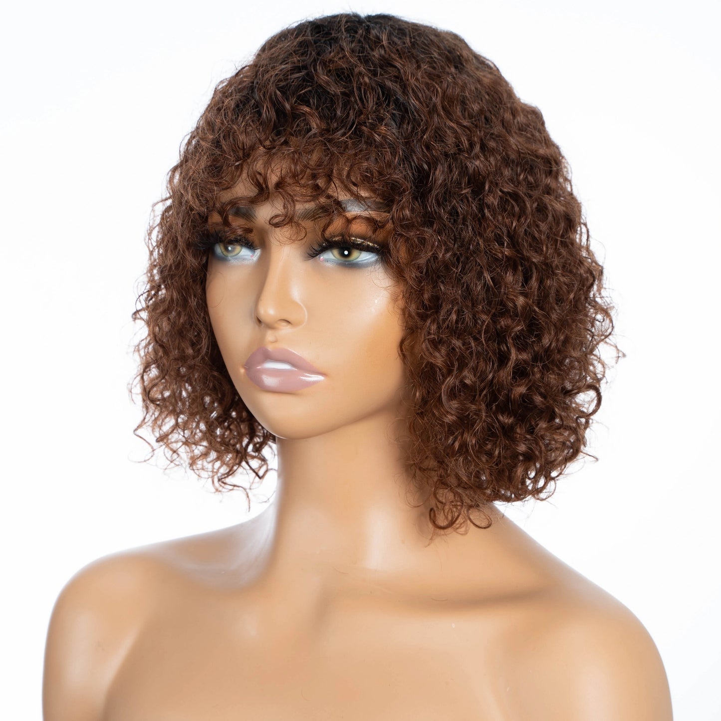 Natural Look 10inch Curly Human Hair Wig - Shoulder Length Wig With Bangs For Women - 180 Density