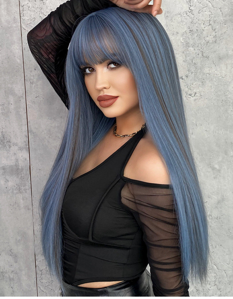 Long Ash Blue Straight Heat Resistant Wig with Bangs - Natural Looking Synthetic Hair for Bachelorette Party, Cosplay, Music Festival and Fantasy Themed Events - Versatile and Easy to Style Wig for Women