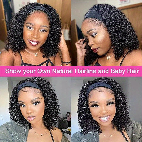 Headband Wigs 14 Inch Kinky Curly Headband Wigs For Women Synthetic Half Wig With Headband Attached No Lace Natural Black Curly Headband Wigs For Cosplay Party Daily Use