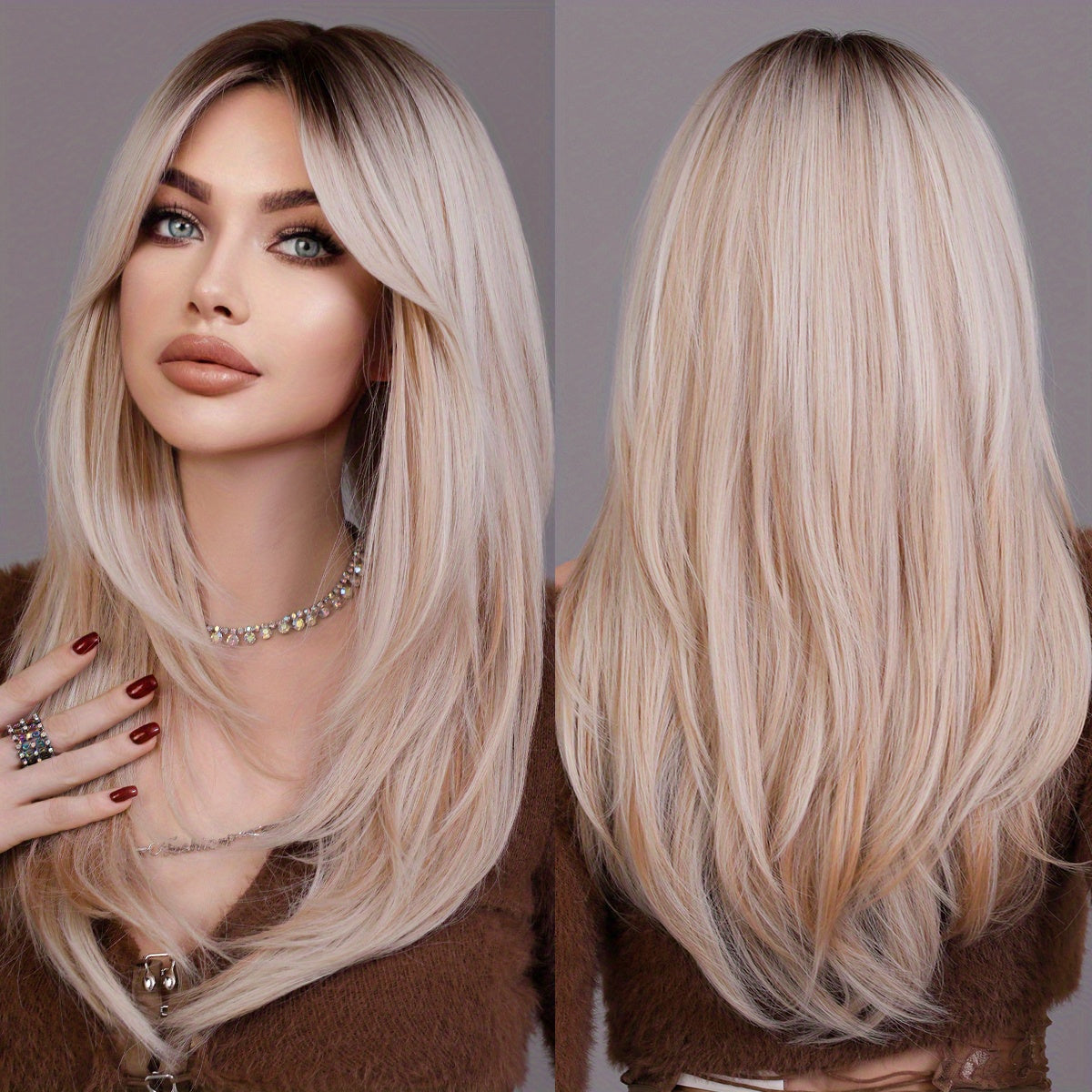 Heat Resistant Long Wavy Honey Blonde Wig with Bangs for Women - Natural Synthetic Brown Wig with Layered Style