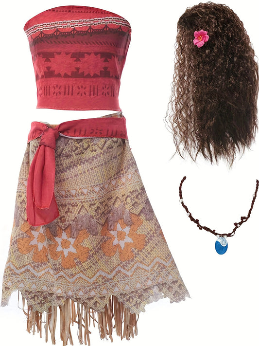 5PCS Glamorous Boho Hawaii Princess Costume Set - Flattering Top, Flowy Skirt, Belt, Wig & Necklace for Parties, Gifts & Performances