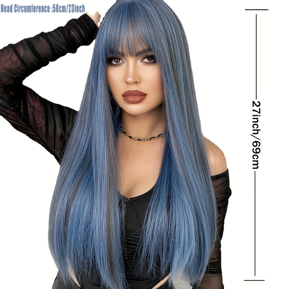 Long Ash Blue Straight Heat Resistant Wig with Bangs - Natural Looking Synthetic Hair for Bachelorette Party, Cosplay, Music Festival and Fantasy Themed Events - Versatile and Easy to Style Wig for Women