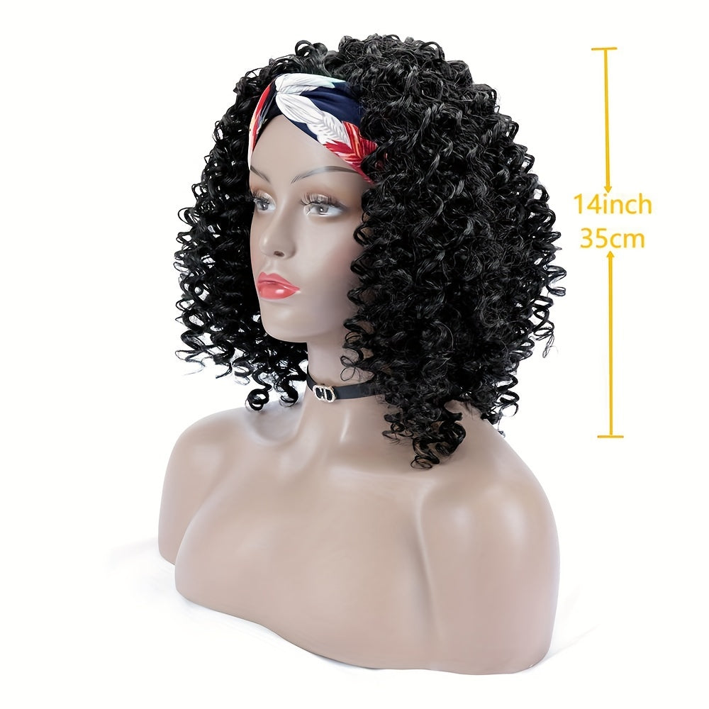 Headband Wigs 14 Inch Kinky Curly Headband Wigs For Women Synthetic Half Wig With Headband Attached No Lace Natural Black Curly Headband Wigs For Cosplay Party Daily Use