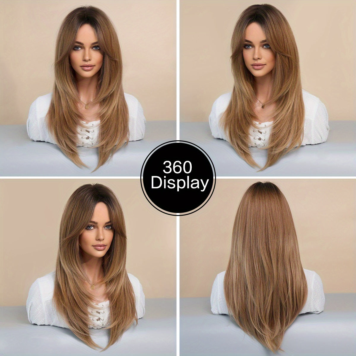 Heat Resistant Long Wavy Honey Blonde Wig with Bangs for Women - Natural Synthetic Brown Wig with Layered Style