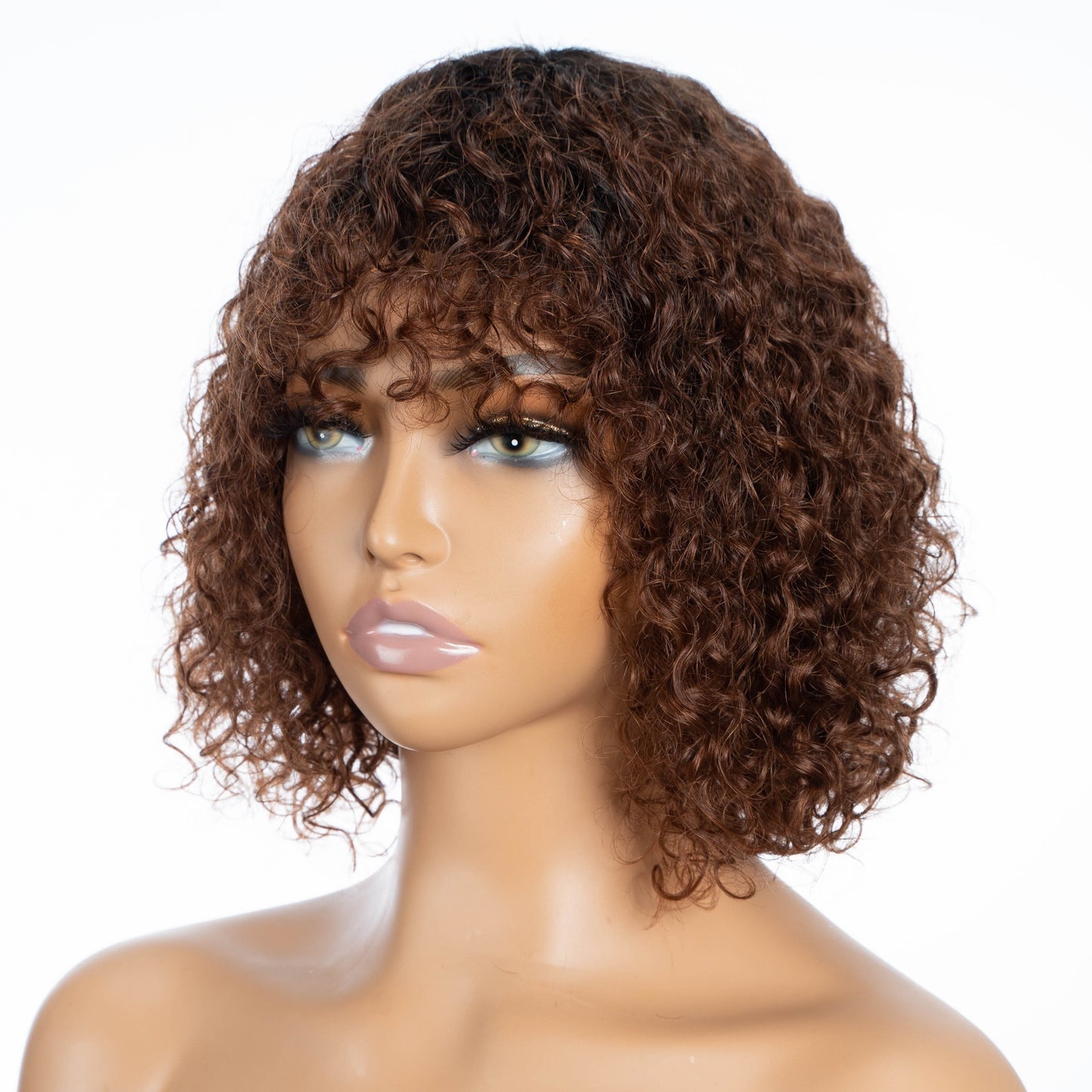 Natural Look 10inch Curly Human Hair Wig - Shoulder Length Wig With Bangs For Women - 180 Density