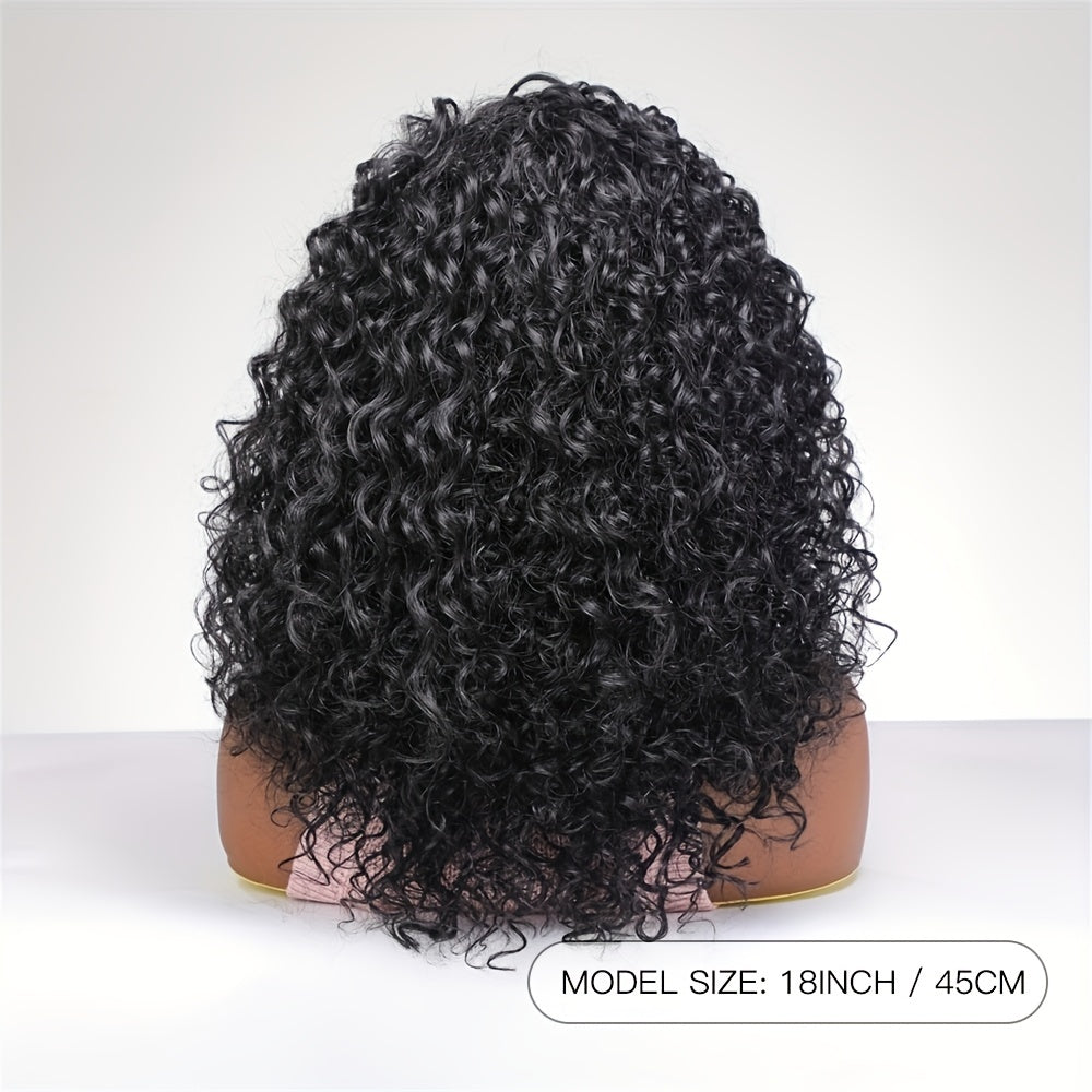 Heat Resistant Synthetic Wig with 130% Density and Long Afro Kinky Curly Wave Style - Matte Black with Bangs - Beginner Friendly