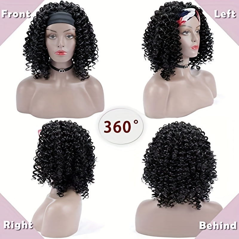 Headband Wigs 14 Inch Kinky Curly Headband Wigs For Women Synthetic Half Wig With Headband Attached No Lace Natural Black Curly Headband Wigs For Cosplay Party Daily Use