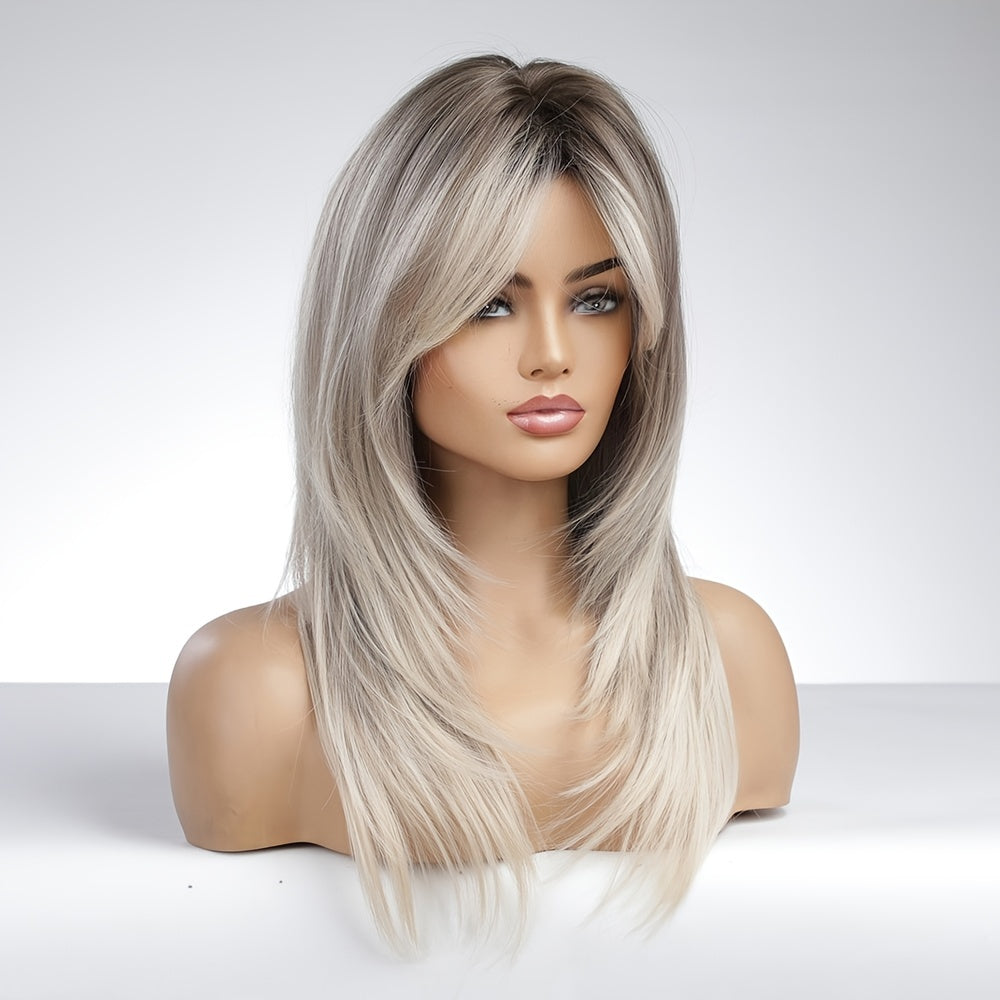 Heat Resistant Long Straight Gray Ombre Wig - Elegant Women's Layered Synthetic Wig with Rose Net Cap for Daily Use & Cosplay