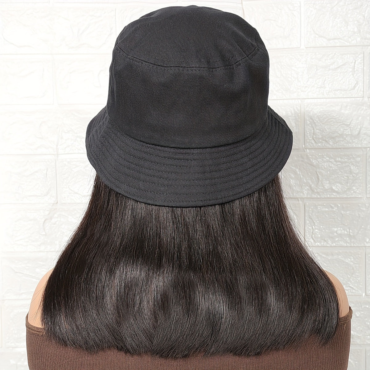 Short Straight Bob Hat Wig For Women Human Hair Bucket Hat Wig With Hair Extensions Attached For Women Girl Daily Wear Natural Black BY SMOOTHWIGS