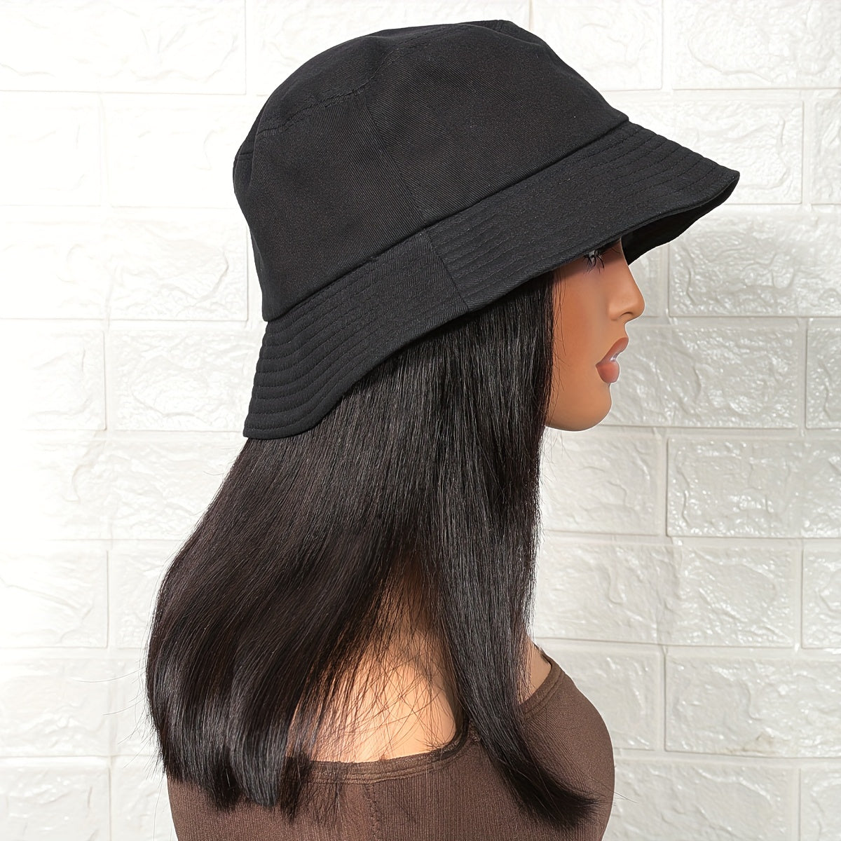 Short Straight Bob Hat Wig For Women Human Hair Bucket Hat Wig With Hair Extensions Attached For Women Girl Daily Wear Natural Black BY SMOOTHWIGS