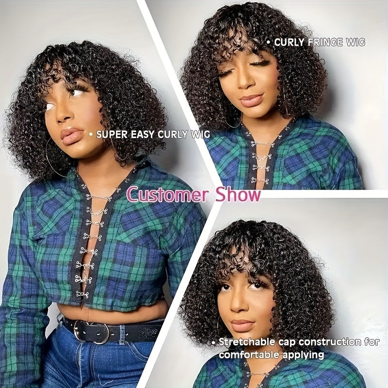 Natural Look 10inch Curly Human Hair Wig - Shoulder Length Wig With Bangs For Women - 180 Density