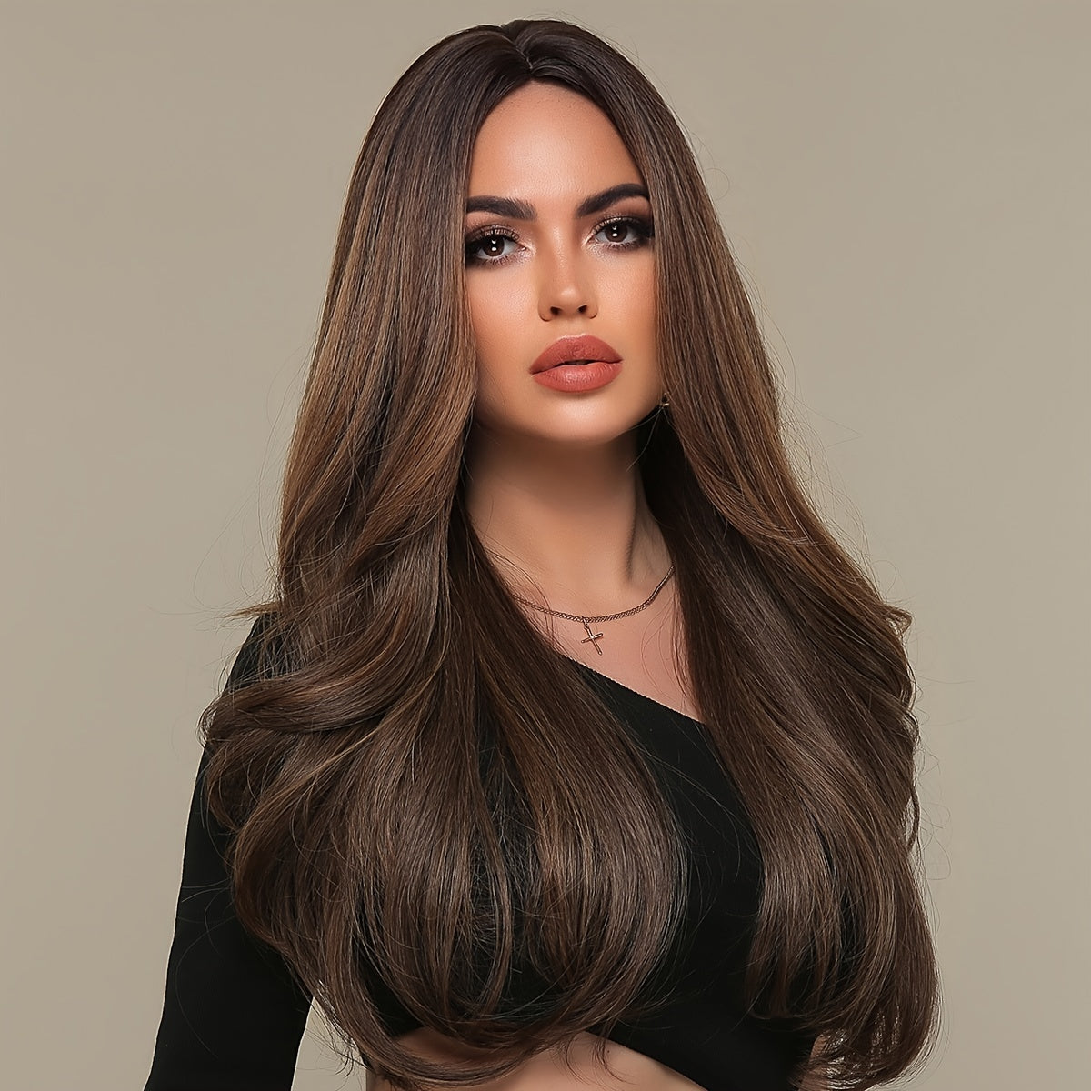 Long Wavy Brown Wig - Natural Style Synthetic Wig with Bangs and Curly Hair for Women