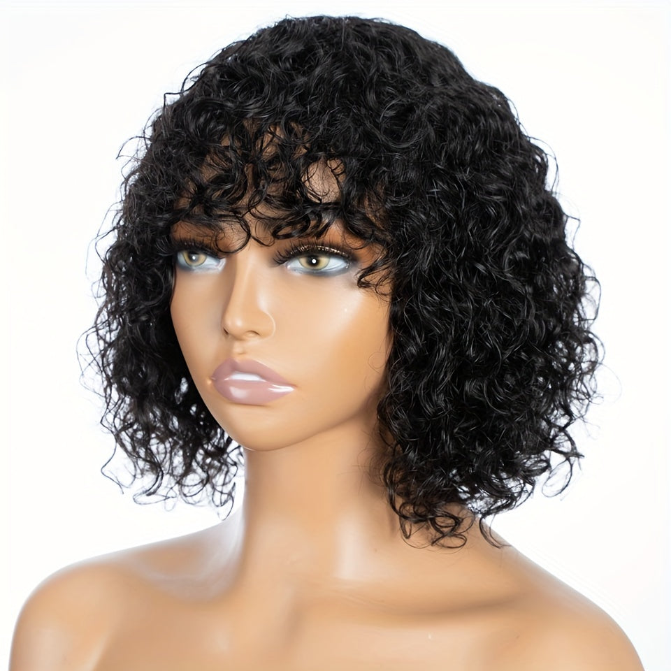 Natural Look 10inch Curly Human Hair Wig - Shoulder Length Wig With Bangs For Women - 180 Density