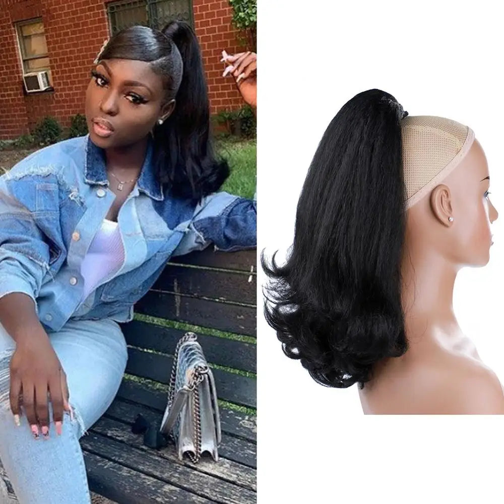 16-Inch Kinky Straight Hairpiece | natural Ponytail Extension with Drawstring &amp; Two Plastic Combs | Easy Wrap-Around Tail Style - Smooth Wigs