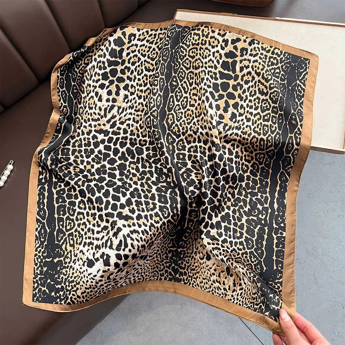 Luxury Leopard Print Square Scarf | Soft Satin Bandana & Vintage Head Wrap | Windproof Shawl for Travel& Beach - Smooth Wigs