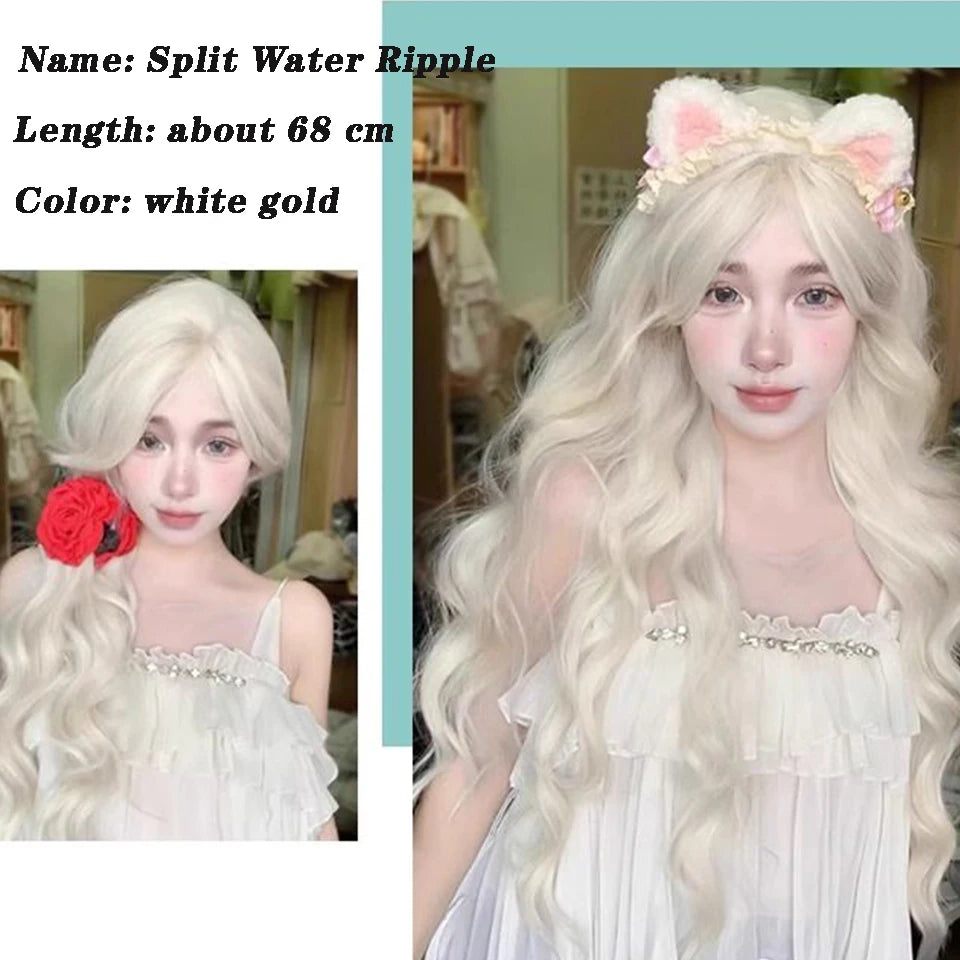 Long Curly White Gold Wig | Full Head Eight-Character Bangs | Nautral Wig with Big Waves by SmoothWigs - Smooth Wigs