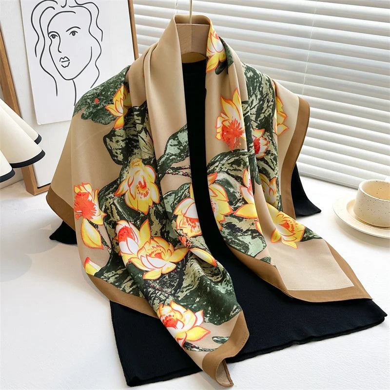90x90cm Luxury Twill Silk-Feel Scarf | Women's Head Wrap &amp; Shawl with Elegant Hair Tree Print | Versatile Neck Scarf - Smooth Wigs