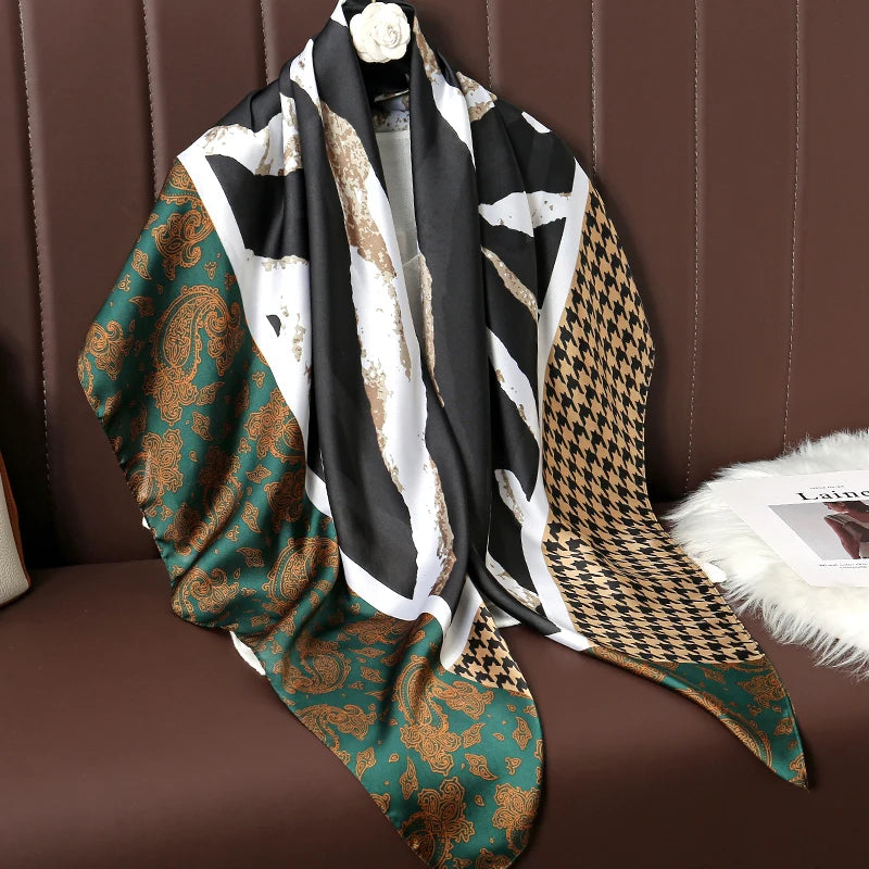 110cm Luxury Silk Square Scarf | Women's Large Shawl &amp; Hijab | 2025 Designer Print Beach Wrap &amp; Foulard Echarpe - Smooth Wigs