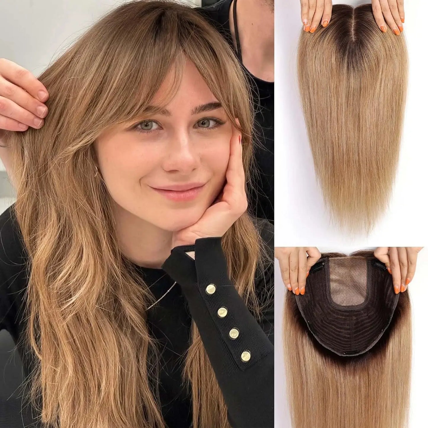 9x9 Inch Human Hair Topper | Large Base Hairpiece with Brown Highlights | 16-Inch Natural Hair Solution by SmoothWigs - Smooth Wigs
