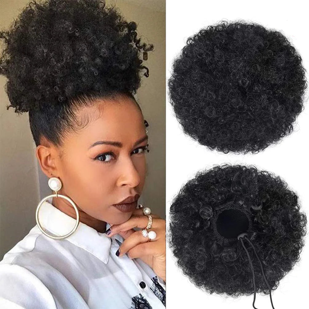 Large Afro Puff Ponytail | Kinky Curly Hair Bun with Drawstring &amp; Clips | Updo Extensions for Black Women - Smooth Wigs